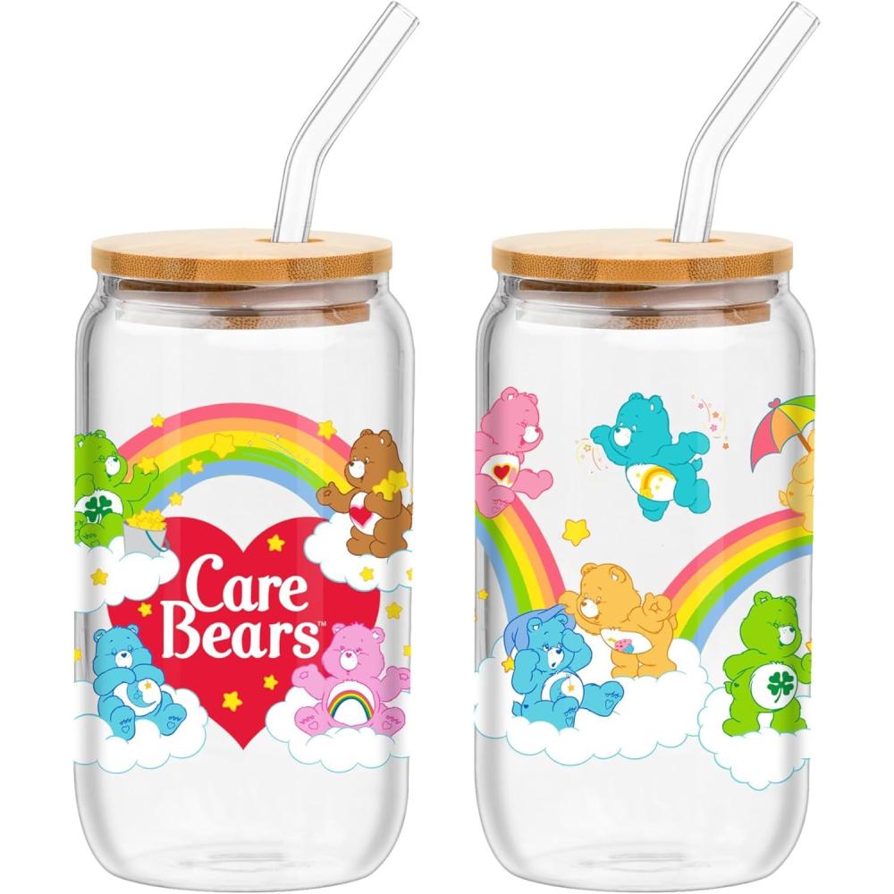 imageSilver Buffalo Care Bears Retro Flower Power Caring is Groovy Featuring Funshine Friend Good Luck Harmony Cheer Bear Purple Glass Jar Tumbler with Bamboo Lid and Glass Straw 16 OuncesCare Bears 2 Pack