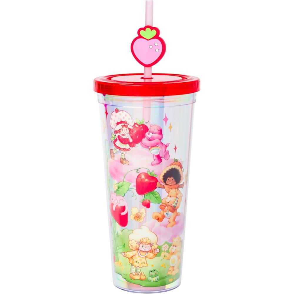 imageSilver Buffalo Care Bears and Strawberry Shortcake Featuring Cheer Funshine Friend Orange Blossom and Lemon Meringue Iridescent Plastic Cold Cup with Lid and Topper Straw 24 Ounces