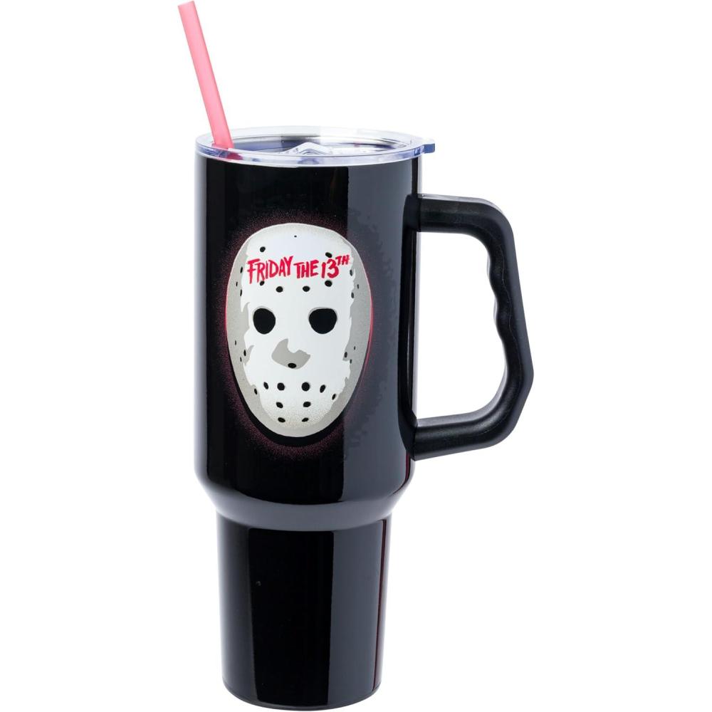 imageSilver Buffalo Chucky Wanna Play Stainless Steel Tumbler with Handle and Straw Fits in Standard Cup Holder 40 OuncesFriday the 13th Hockey Mask