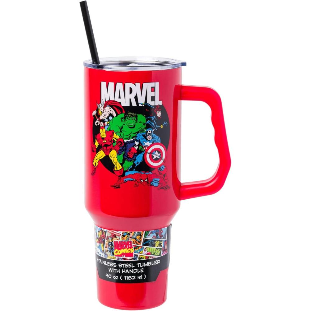 imageSilver Buffalo Chucky Wanna Play Stainless Steel Tumbler with Handle and Straw Fits in Standard Cup Holder 40 OuncesMarvel Avengers