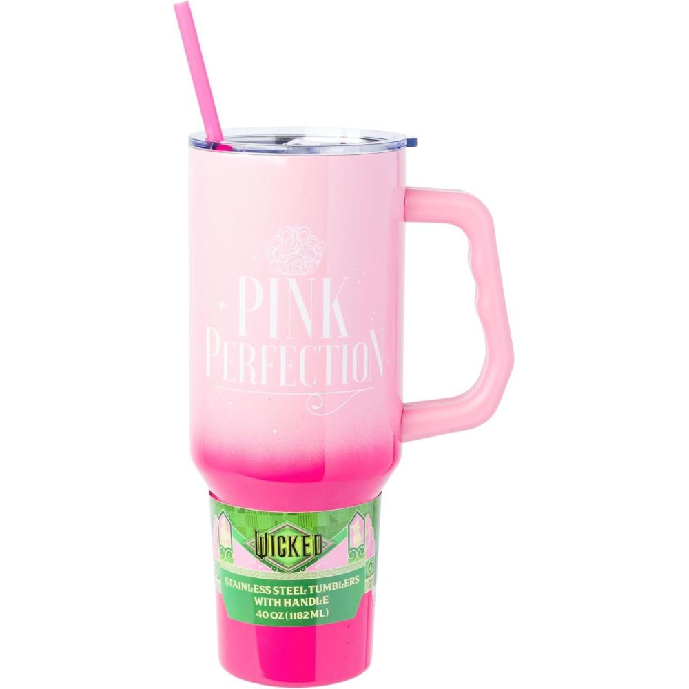 imageSilver Buffalo Chucky Wanna Play Stainless Steel Tumbler with Handle and Straw Fits in Standard Cup Holder 40 OuncesWicked Glinda Pink Perfection