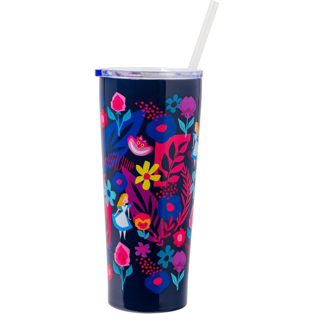 imageSilver Buffalo Disney Alice in Wonderland Floral Pattern Double Walled Stainless Steel Tumbler with Straw 22 Ounces Multicolor