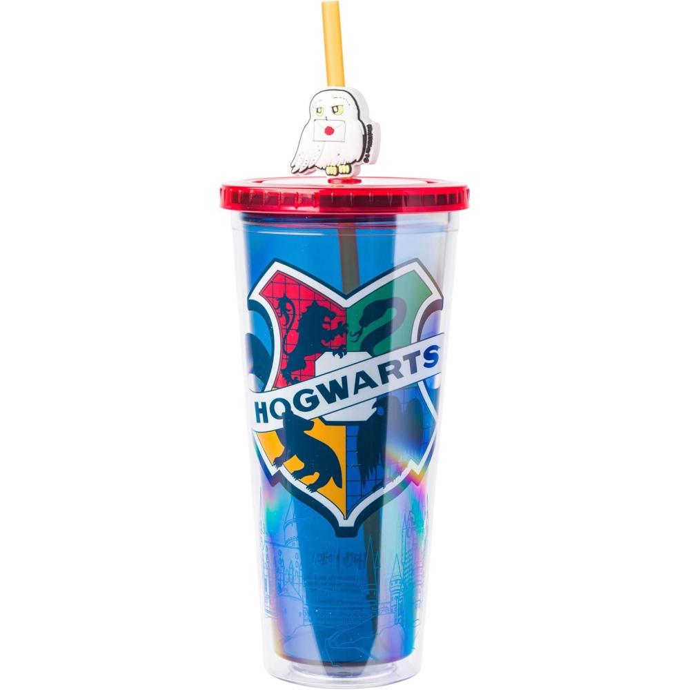 imageSilver Buffalo Disney Lilo and Stitch Cosmic Surfer Plastic Cold Cup with Lid and Straw Topper 24 OuncesHarry Potter Hogwarts House Crest