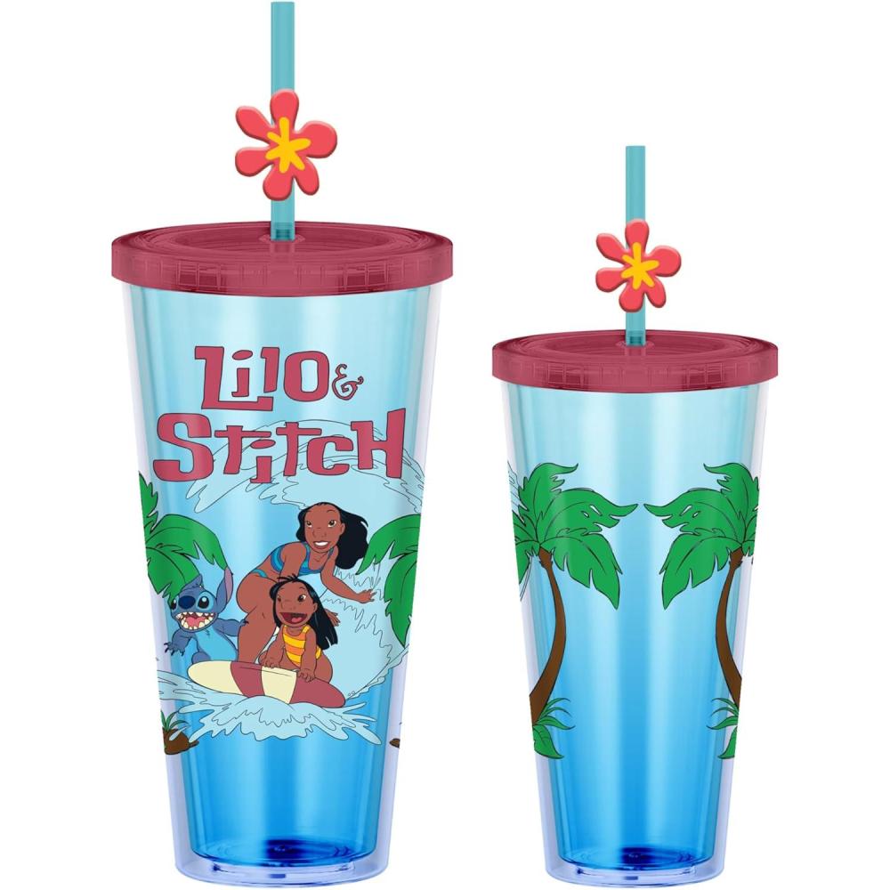 imageSilver Buffalo Disney Lilo and Stitch Cosmic Surfer Plastic Cold Cup with Lid and Straw Topper 24 OuncesLilo and Stitch Surfing