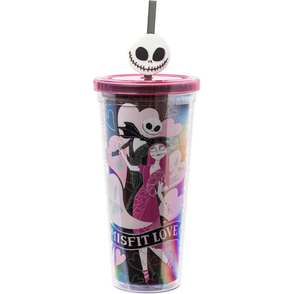 imageSilver Buffalo Disney Lilo and Stitch Cosmic Surfer Plastic Cold Cup with Lid and Straw Topper 24 OuncesNightmare Before Christmas Misfit Love