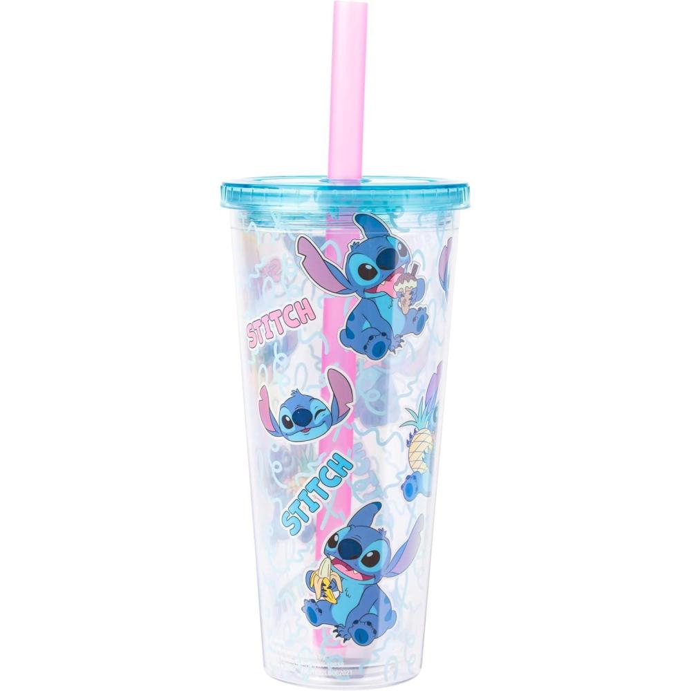 imageSilver Buffalo Disney Lilo and Stitch Snacking Pattern Plastic Boba Tumbler with Lid and Straw 24 Ounces24oz Stitch Snacking Boba Straw