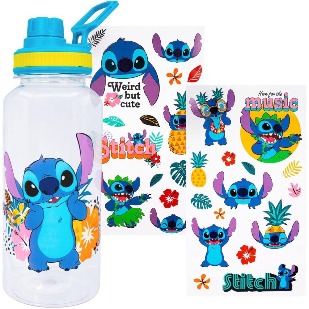 imageSilver Buffalo Disney Mickey Classic Varsity Twist Spout Plastic Water Bottle with Stickers You Stick Yourself Red 32 OuncesLilo and Stitch Tropical Flowers