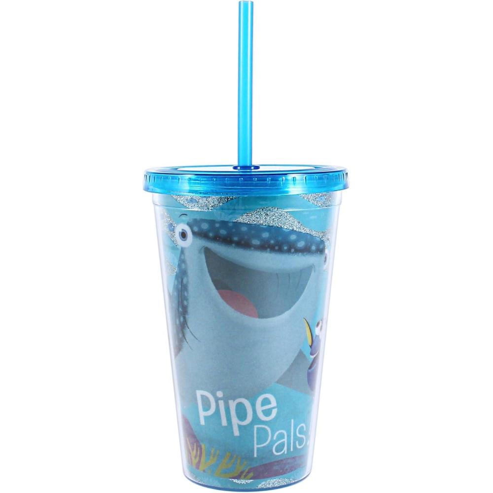 imageSilver Buffalo Disney Pixar Finding Dory Pipe Pals Glitter Plastic Cold Cup with Lid and Straw 16 oz Multicolor