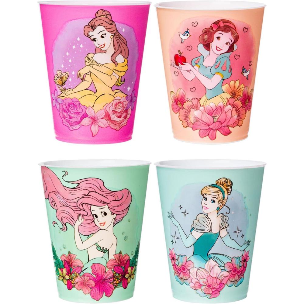 imageSilver Buffalo Disney Princess Featuring Belle Snow White Ariel and Cinderella Floral 4 Pack Plastic Mini Cup Set 15 OuncesDisney Princess