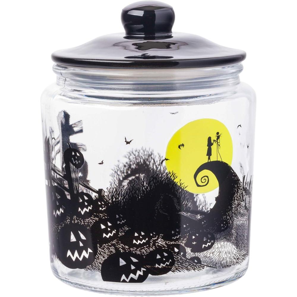 imageSilver Buffalo Disney Tim Burton Nightmare Before Christmas Moon Hill Graveyard Scene Jack Skellington and Sally Glass Cookie Snack Candy Jar with Lid SmallNightmare Before Christmas Glass