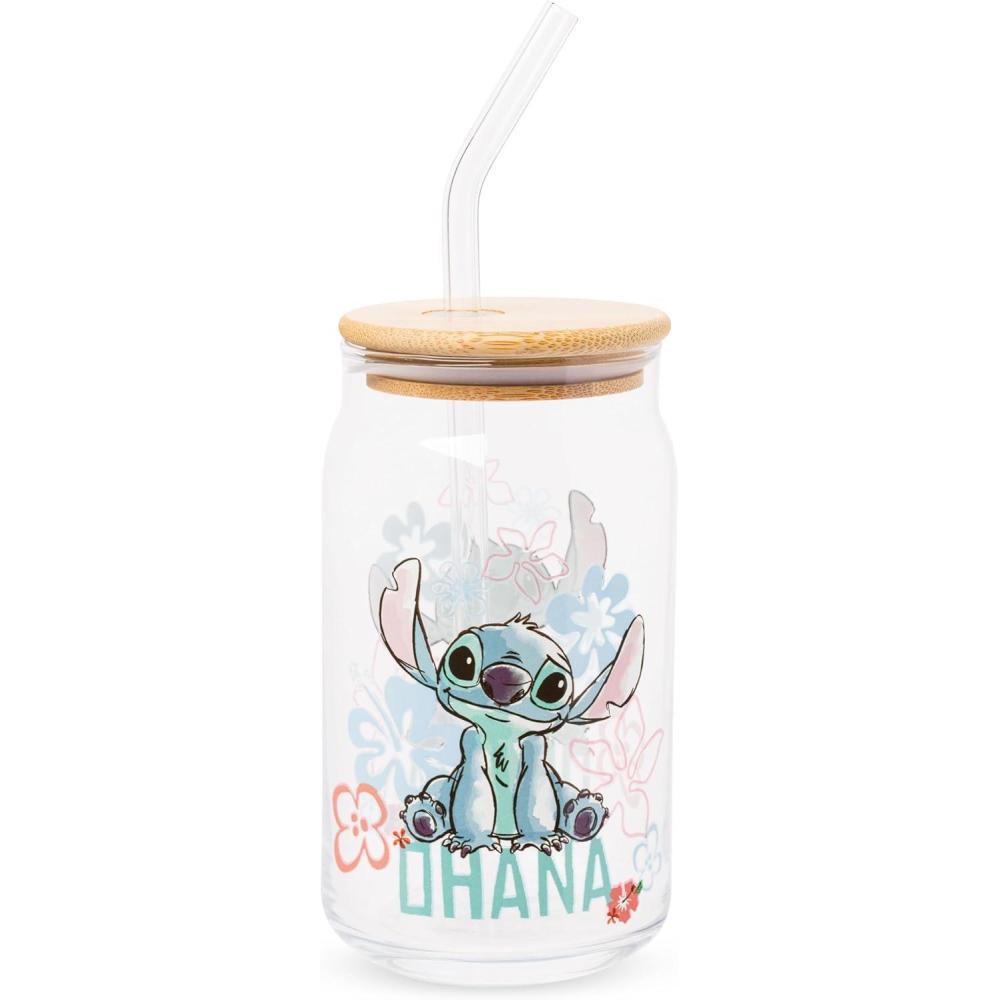 imageSilver Buffalo Disney Villains Featuring Scar Maleficent Ursula Evil Queen and Hades Chrome Glass Jar Tumbler with Bamboo Lid and Glass Straw 16 OuncesLilo and Stitch Ohana