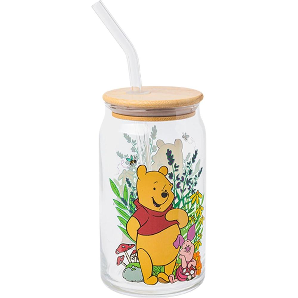 imageSilver Buffalo Disney Villains Featuring Scar Maleficent Ursula Evil Queen and Hades Chrome Glass Jar Tumbler with Bamboo Lid and Glass Straw 16 OuncesWinnie the Pooh and Piglet