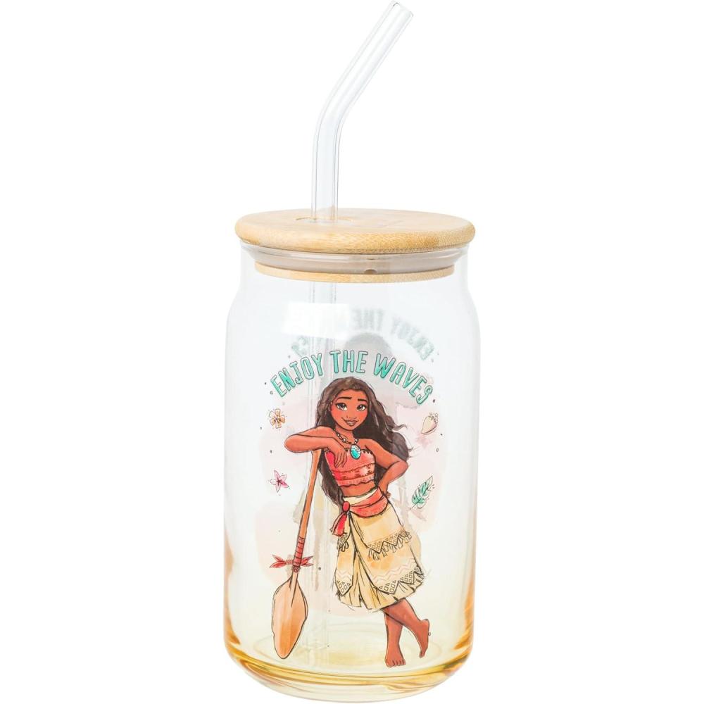 imageSilver Buffalo Disney Villains Featuring Scar Maleficent Ursula Evil Queen and Hades Chrome Glass Jar Tumbler with Bamboo Lid and Glass Straw 16 OuncesMoana Enjoy the Waves