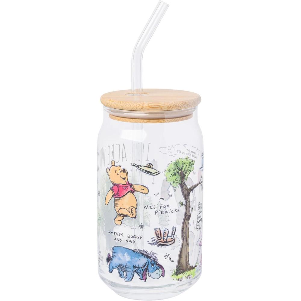 imageSilver Buffalo Disney Villains Featuring Scar Maleficent Ursula Evil Queen and Hades Chrome Glass Jar Tumbler with Bamboo Lid and Glass Straw 16 OuncesWinnie the Pooh 100 Acre Wood