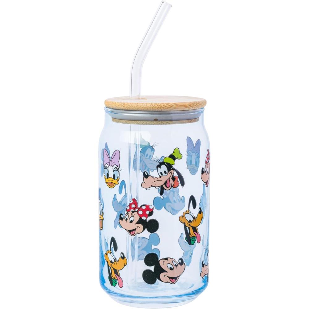 imageSilver Buffalo Disney Villains Featuring Scar Maleficent Ursula Evil Queen and Hades Chrome Glass Jar Tumbler with Bamboo Lid and Glass Straw 16 OuncesMickey and Friends