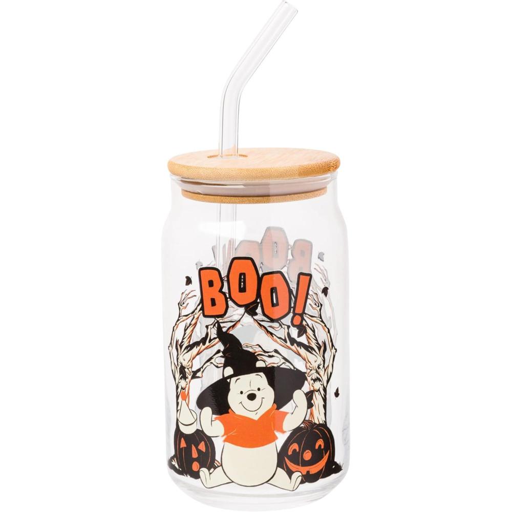 imageSilver Buffalo Disney Villains Featuring Scar Maleficent Ursula Evil Queen and Hades Chrome Glass Jar Tumbler with Bamboo Lid and Glass Straw 16 OuncesWinnie the Pooh Halloween