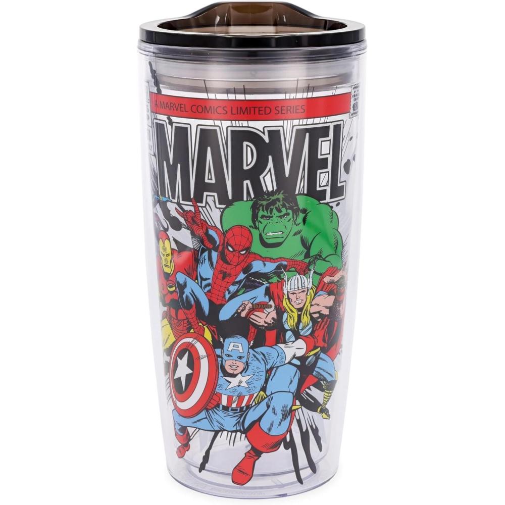 imageSilver Buffalo Marvel Avengers Featuring SpiderMan Captain America Thor Hulk and Iron Man Double Wall Travel Tumbler with Slide Close Lid 20 Ounces