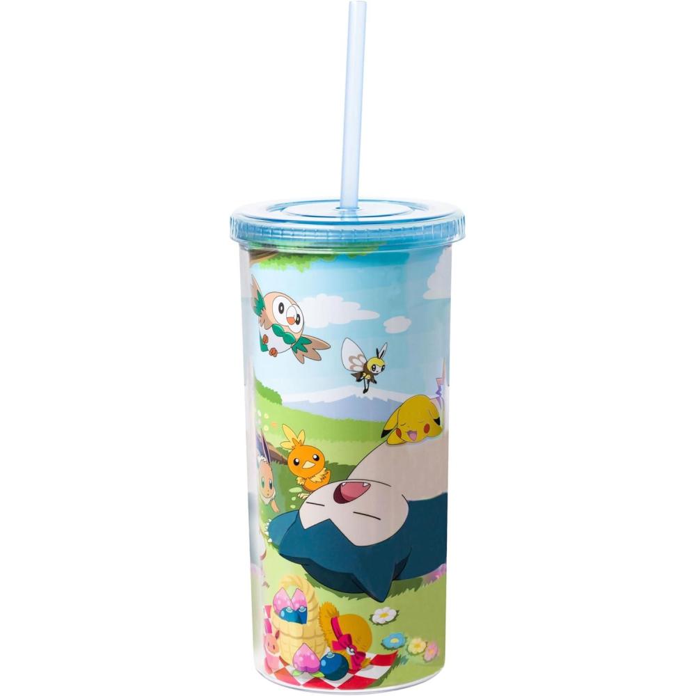 imageSilver Buffalo Pokemon Snorlax Pikachu Eevee Charmander Rowlet Ribombee Torchic Hoppip Pachirisu Squirtle Bulbasaur Scorbunny Petilil Plastic Tall Cold Cup with Lid And Straw 20 Ounces