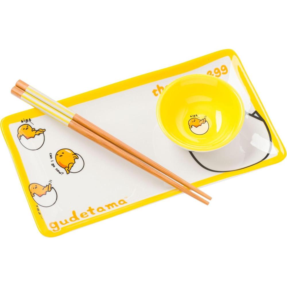 imageSilver Buffalo Rick and Morty Plant Portal Fall Ceramic Sushi Set with Dipping Sauce Dish and Matching ChopsticksGudetama Lazy Egg