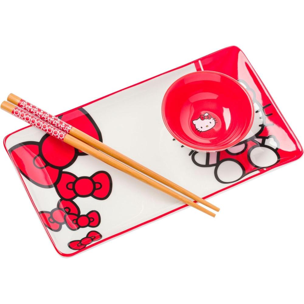 imageSilver Buffalo Rick and Morty Plant Portal Fall Ceramic Sushi Set with Dipping Sauce Dish and Matching ChopsticksHello Kitty Red Bows