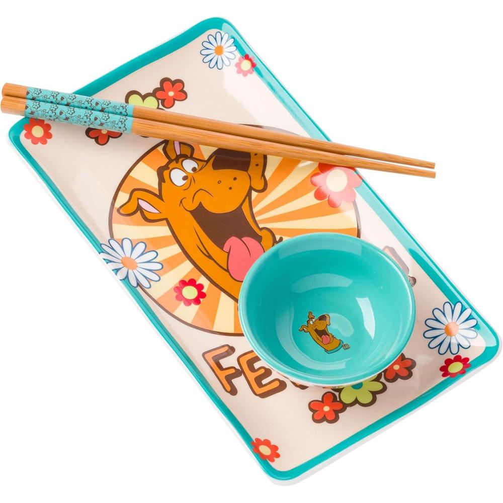 imageSilver Buffalo Rick and Morty Plant Portal Fall Ceramic Sushi Set with Dipping Sauce Dish and Matching ChopsticksScooby Doo Feed Me