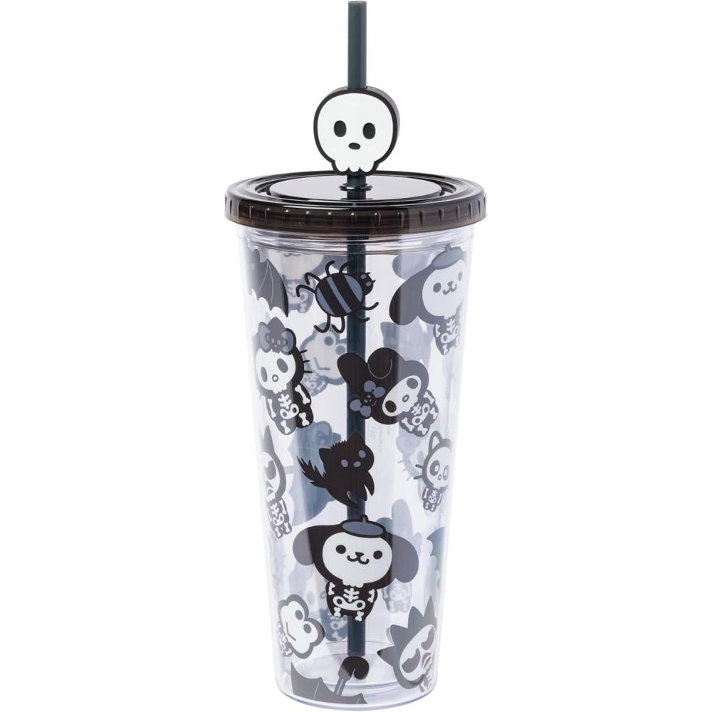 imageSilver Buffalo Sanrio Hello Kitty And Friends Spooky Halloween Plastic Cold Cup with Lid and Straw Topper Featuring Hello Kitty Badtz Maru Purin Keroppi and Chococat 24 Ounces