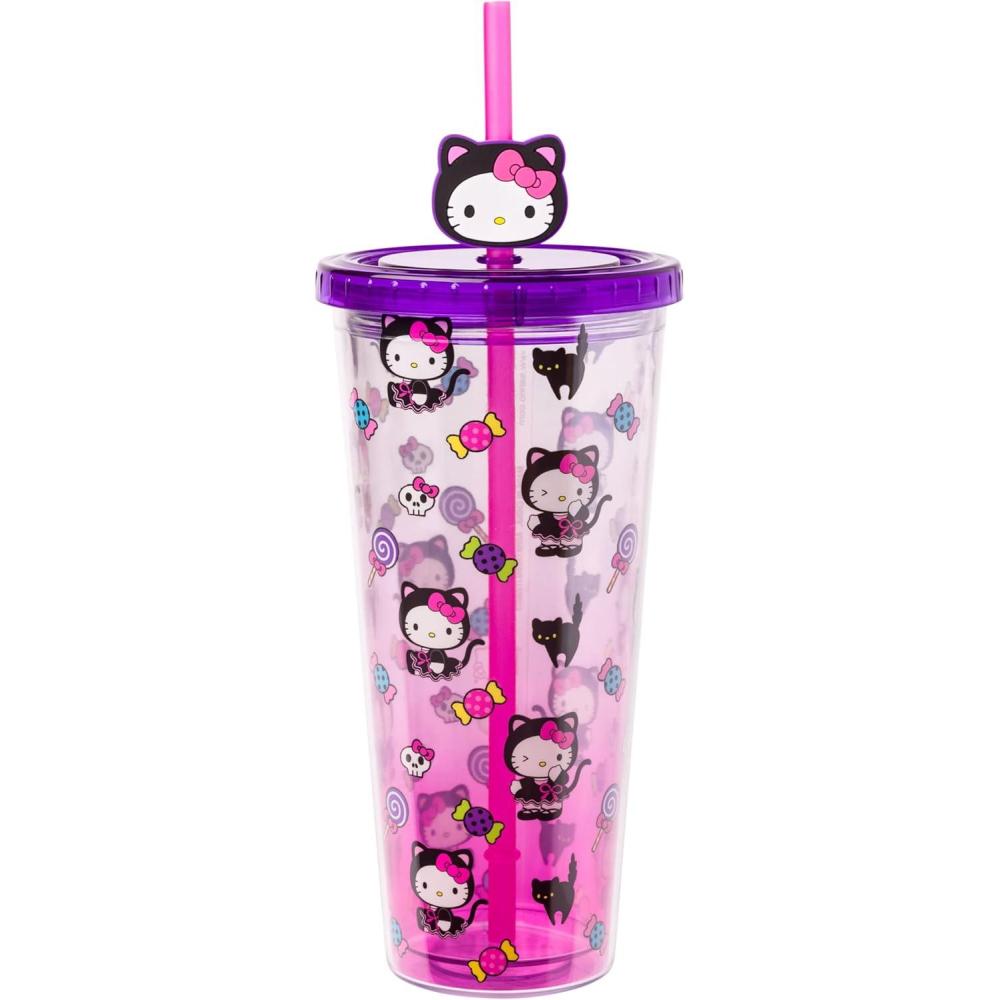 imageSilver Buffalo Sanrio Hello Kitty Halloween Costume Black Cat and Candy Plastic Cold Cup with Lid and Straw Topper 24 Ounces