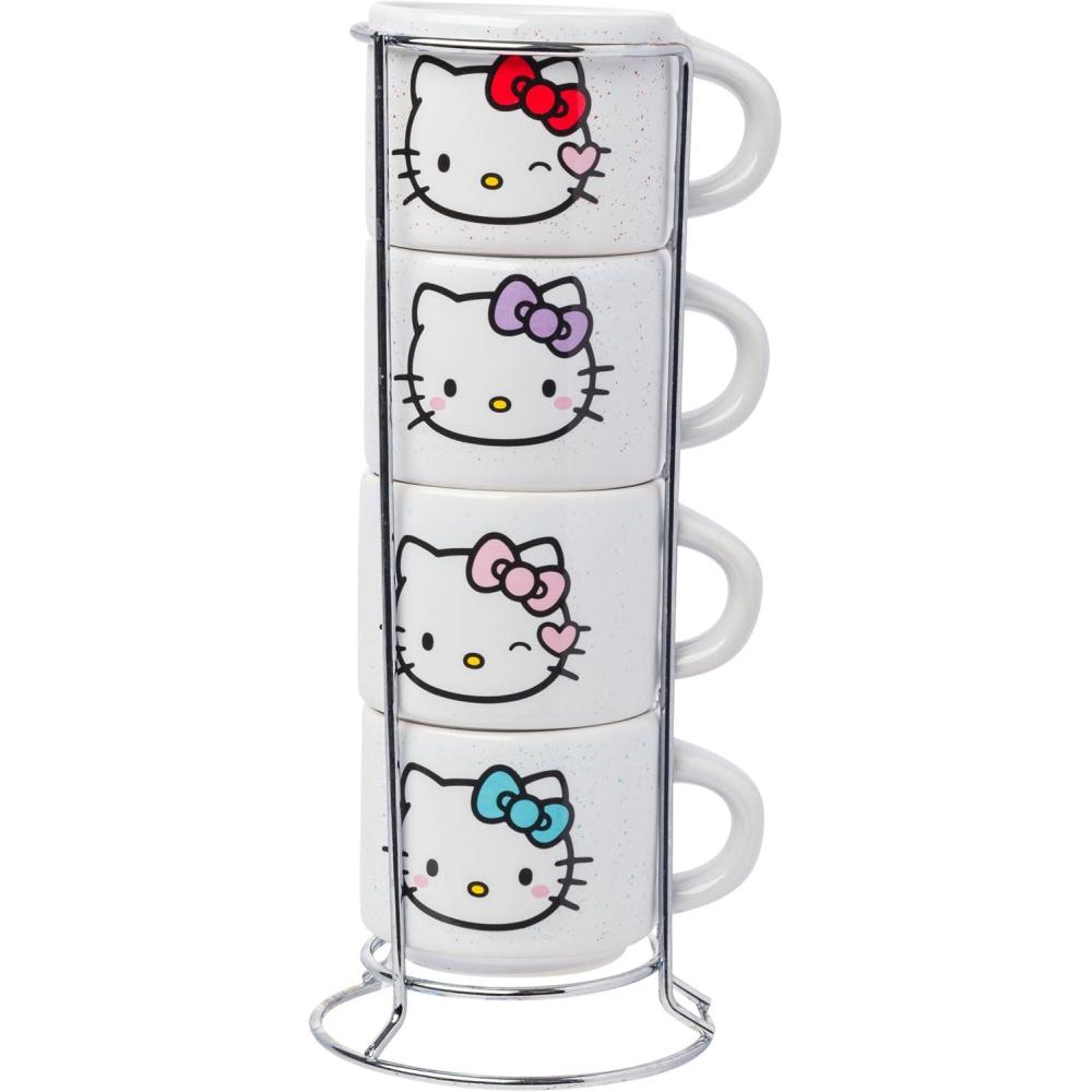 imageSilver Buffalo Sanrio Hello Kitty Halloween Themed 4 pack Ceramic Espresso Set with Storage Rack 3 OuncesHello Kitty Different Colored