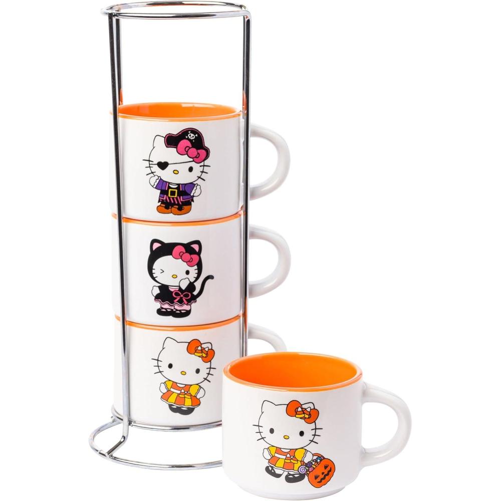 imageSilver Buffalo Sanrio Hello Kitty Halloween Themed 4 pack Ceramic Espresso Set with Storage Rack 3 OuncesSanrio Hello Kitty Halloween