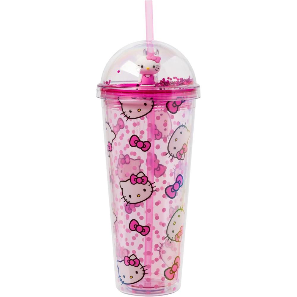imageSilver Buffalo Sanrio Hello Kitty Pink Polka Dots and Bows Dome Glitter Top Travel Tumbler 24 Ounces