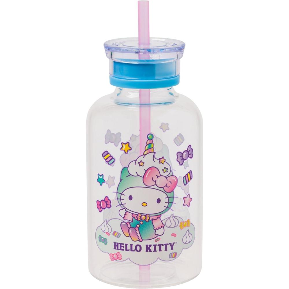 imageSilver Buffalo Sanrio Hello Kitty Unicorn Pastel Sweets Glass Milk Bottle with Straw 15 Ounces