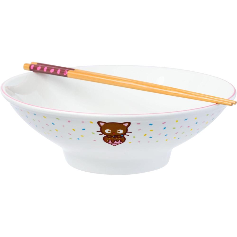 imageSilver Buffalo Sanrio Hello Kitty and Friends BadtzMaru Poses Yellow Stripe Ceramic Ramen Noodle Rice Bowl with Chopsticks Microwave Safe 20 OuncesChococat Rainbow Sprinkles Big
