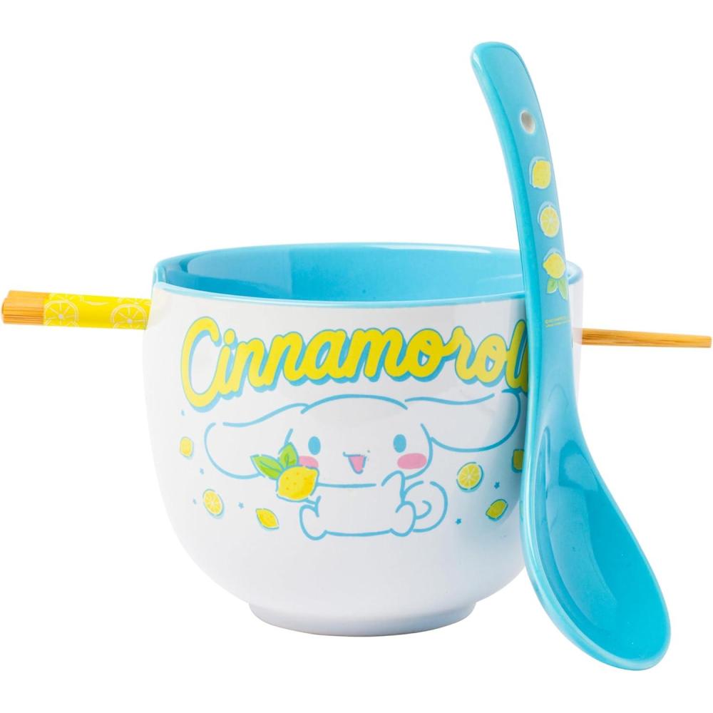 imageSilver Buffalo Sanrio Hello Kitty and Friends BadtzMaru Poses Yellow Stripe Ceramic Ramen Noodle Rice Bowl with Chopsticks Microwave Safe 20 OuncesCinnamoroll Lemons