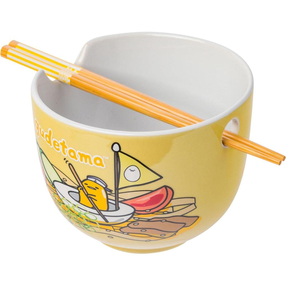 imageSilver Buffalo Sanrio Hello Kitty and Friends BadtzMaru Poses Yellow Stripe Ceramic Ramen Noodle Rice Bowl with Chopsticks Microwave Safe 20 OuncesGudetama Sailing in Ramen