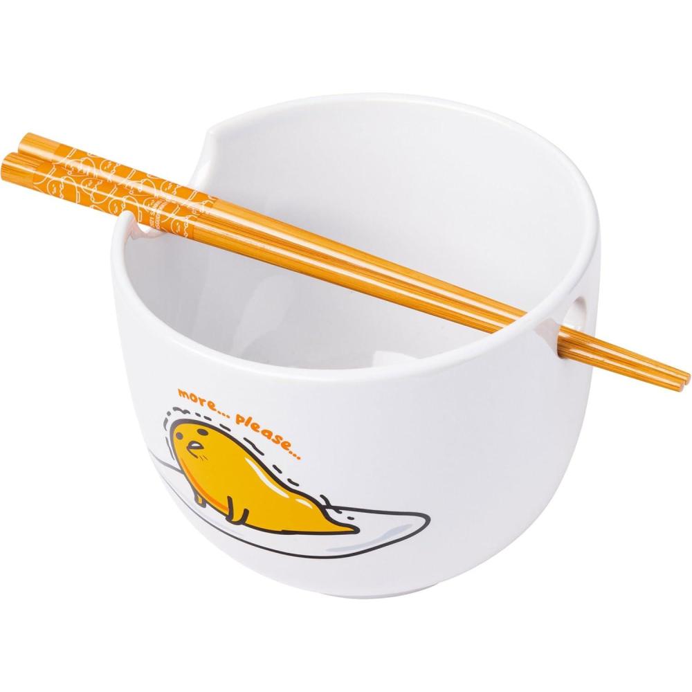 imageSilver Buffalo Sanrio Hello Kitty and Friends BadtzMaru Poses Yellow Stripe Ceramic Ramen Noodle Rice Bowl with Chopsticks Microwave Safe 20 OuncesGudetama Nissin