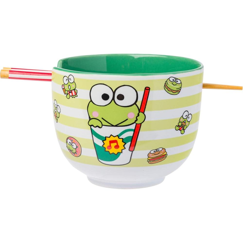 imageSilver Buffalo Sanrio Hello Kitty and Friends BadtzMaru Poses Yellow Stripe Ceramic Ramen Noodle Rice Bowl with Chopsticks Microwave Safe 20 OuncesKeroppi Foodie Icons