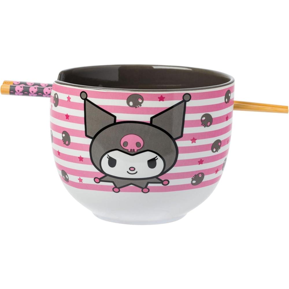 imageSilver Buffalo Sanrio Hello Kitty and Friends BadtzMaru Poses Yellow Stripe Ceramic Ramen Noodle Rice Bowl with Chopsticks Microwave Safe 20 OuncesKuromi Skull and Stars