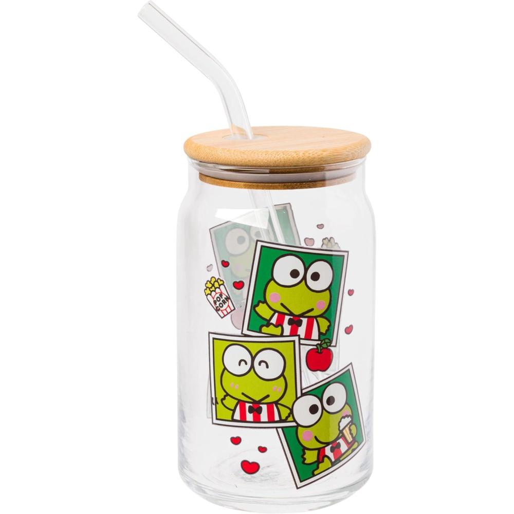 imageSilver Buffalo Sanrio Hello Kitty and Friends Keroppi Polaroids Glass Jar Tumbler with Bamboo Lid and Glass Straw 16 Ounces16 Ounces