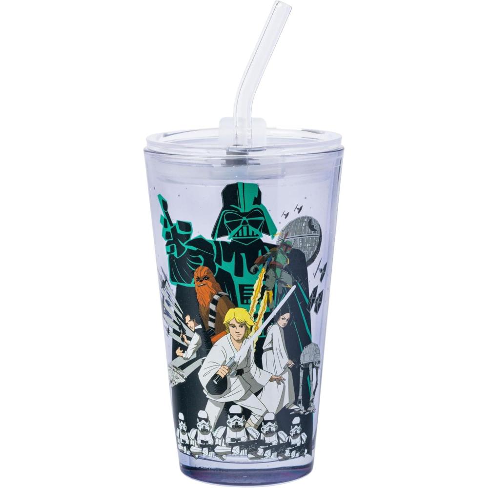 imageSilver Buffalo Star Wars Featuring Luke Skywalker Princess Leia Hans Solo Chewbacca Darth Vader Stormtrooper Boba Fett and Death Star Pint Glass with Lid and Glass Straw 16 OuncesStar Wars