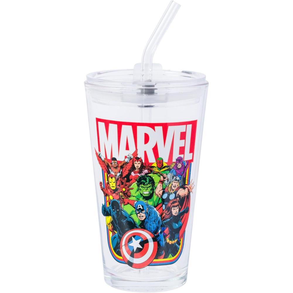 imageSilver Buffalo Star Wars Featuring Luke Skywalker Princess Leia Hans Solo Chewbacca Darth Vader Stormtrooper Boba Fett and Death Star Pint Glass with Lid and Glass Straw 16 OuncesAvengers