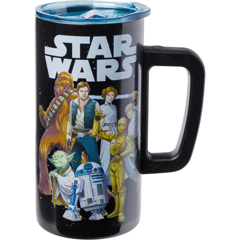 imageSilver Buffalo Star Wars Featuring Luke Skywalker Princess Leia Hans Solo Chewbacca Yoda R2D2 and C3PO Double Wall Stainless Steel Travel Mug With Handle 15 Ounces
