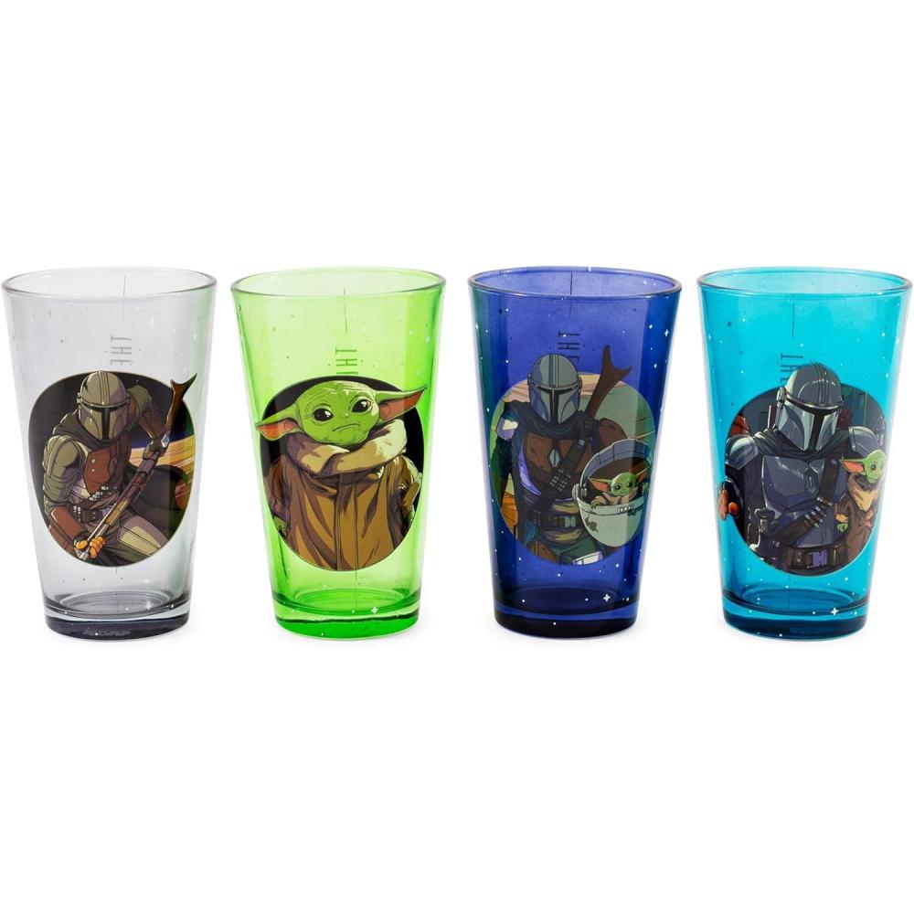 imageSilver Buffalo Star Wars The Mandalorian Featuring Boba Fett Baby Yoda Grogu and Din Djarin 4 Pack Pint Glass Set16 Ounces