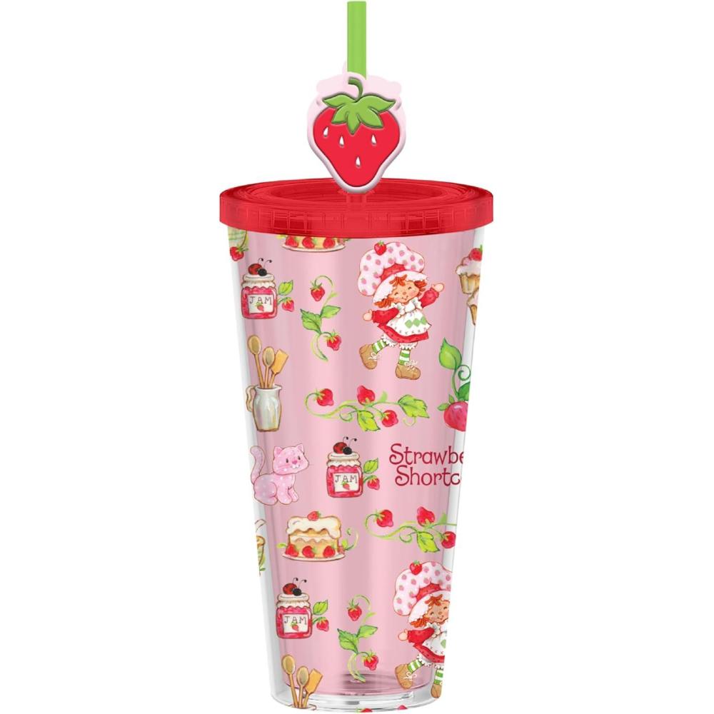 imageSilver Buffalo Strawberry Shortcake Plastic Cold Cup with Lid and Straw Topper Featuring Strawberry Shortcake and Custard 24 Ounces