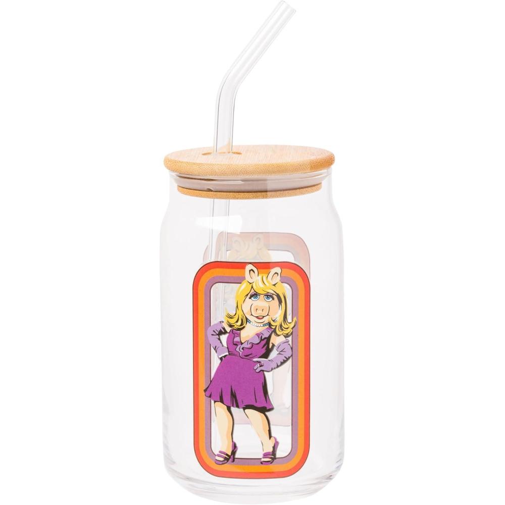 imageSilver Buffalo Wednesday Addams Family On Wednesdays We Wear Black Glass Jar Tumbler with Bamboo Lid and Glass Straw 16 OuncesMuppets Miss Piggy