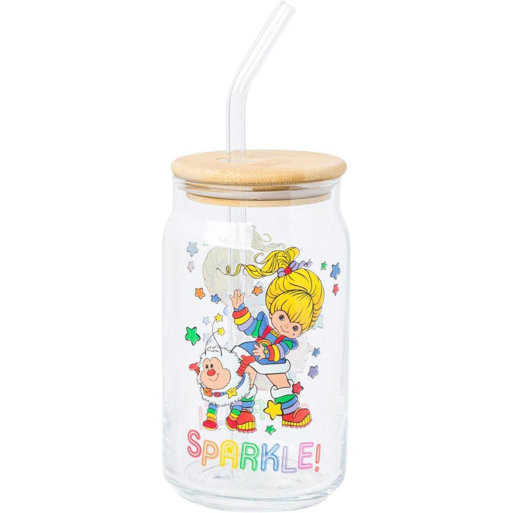 imageSilver Buffalo Wednesday Addams Family On Wednesdays We Wear Black Glass Jar Tumbler with Bamboo Lid and Glass Straw 16 OuncesRainbow Brite Featuring Twink