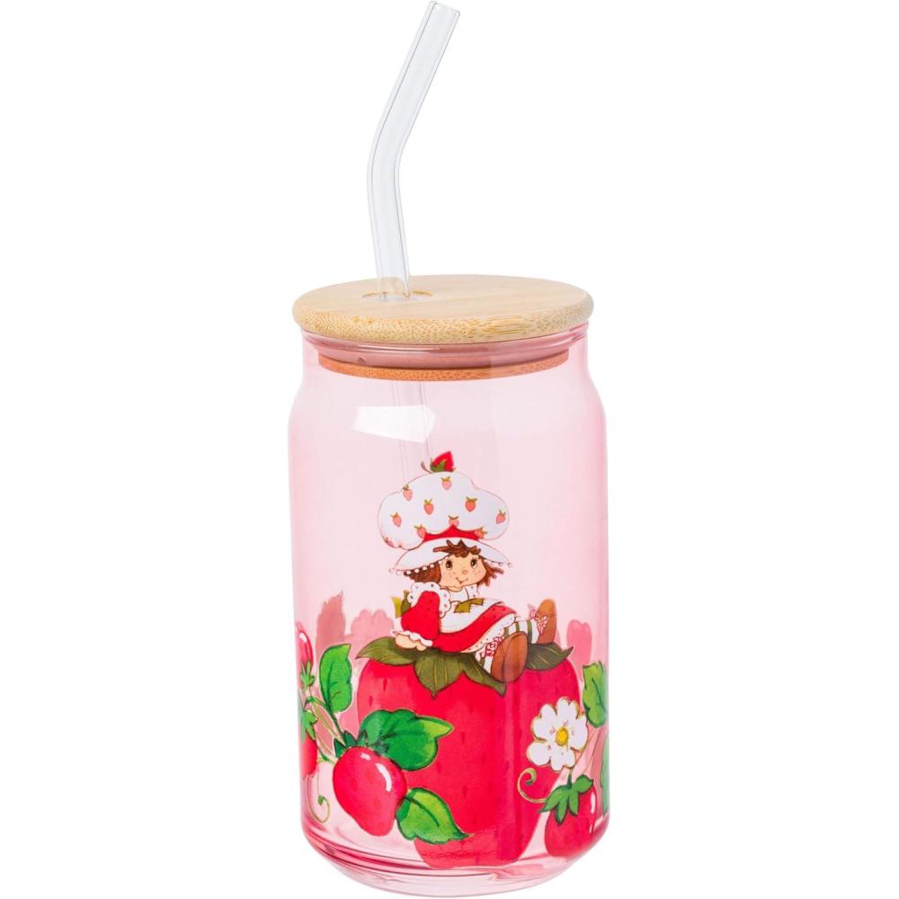 imageSilver Buffalo Wednesday Addams Family On Wednesdays We Wear Black Glass Jar Tumbler with Bamboo Lid and Glass Straw 16 OuncesStrawberry Shortcake Sitting on Strawberry