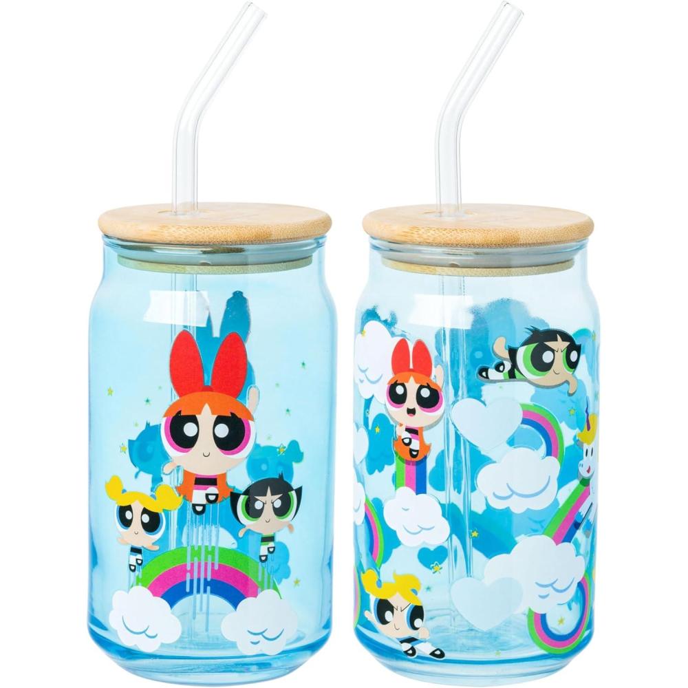 imageSilver Buffalo Wednesday Addams Family On Wednesdays We Wear Black Glass Jar Tumbler with Bamboo Lid and Glass Straw 16 OuncesThe Powerpuff Girls 2 Pack