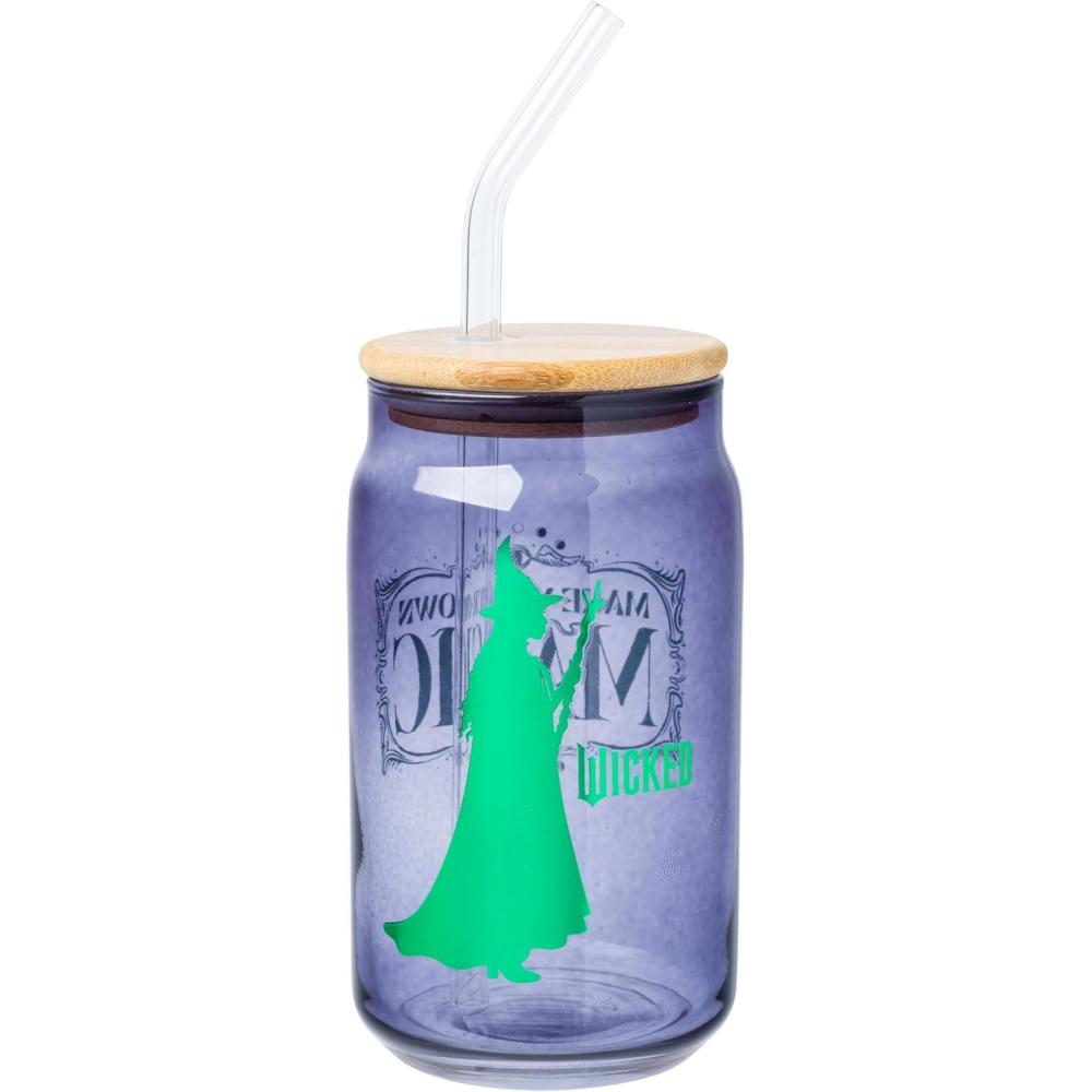 imageSilver Buffalo Wednesday Addams Family On Wednesdays We Wear Black Glass Jar Tumbler with Bamboo Lid and Glass Straw 16 OuncesWicked Elphaba