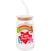 Silver Buffalo Care Bears Retro Flower Power Caring is Groovy Featuring Funshine, Friend, Good Luck, Harmony, Cheer Bear Purple Glass Jar Tumbler with Bamboo Lid and Glass Straw, 16 Ounces(Care Bears (2 Pack))