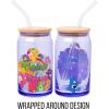 Silver Buffalo Care Bears Retro Flower Power Caring is Groovy Featuring Funshine, Friend, Good Luck, Harmony, Cheer Bear Purple Glass Jar Tumbler with Bamboo Lid and Glass Straw, 16 Ounces(Care Bears Flower Power)